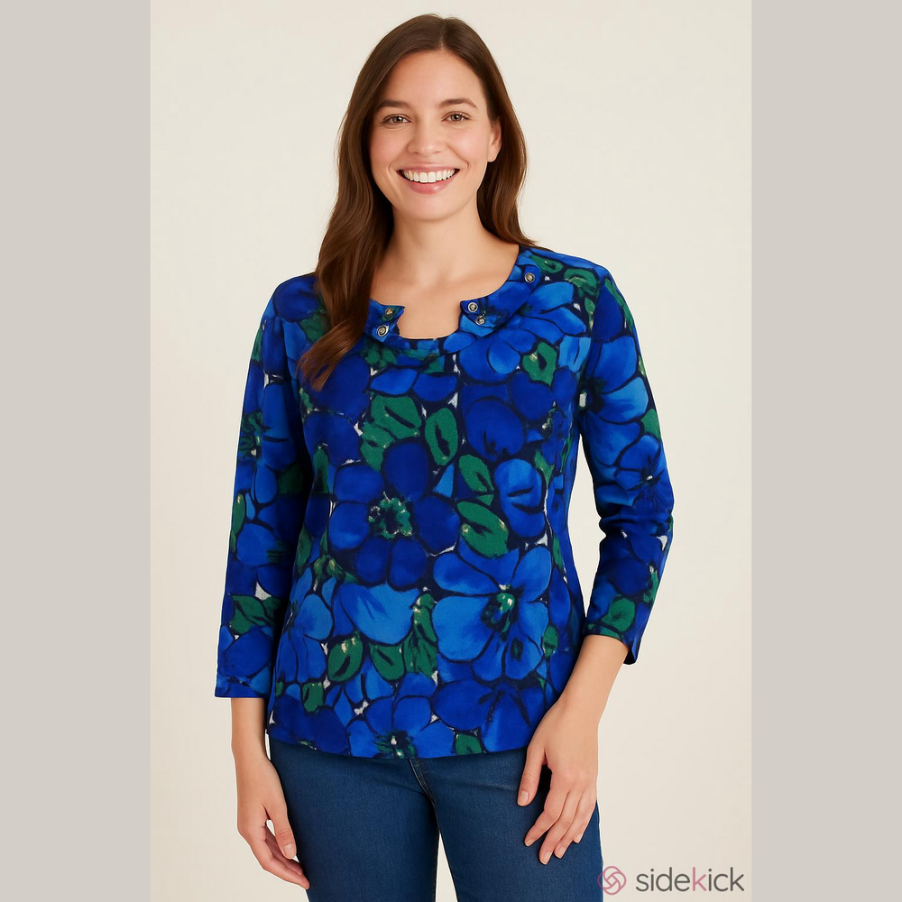 Heart Of Palm Large Blue Floral Beaded Top